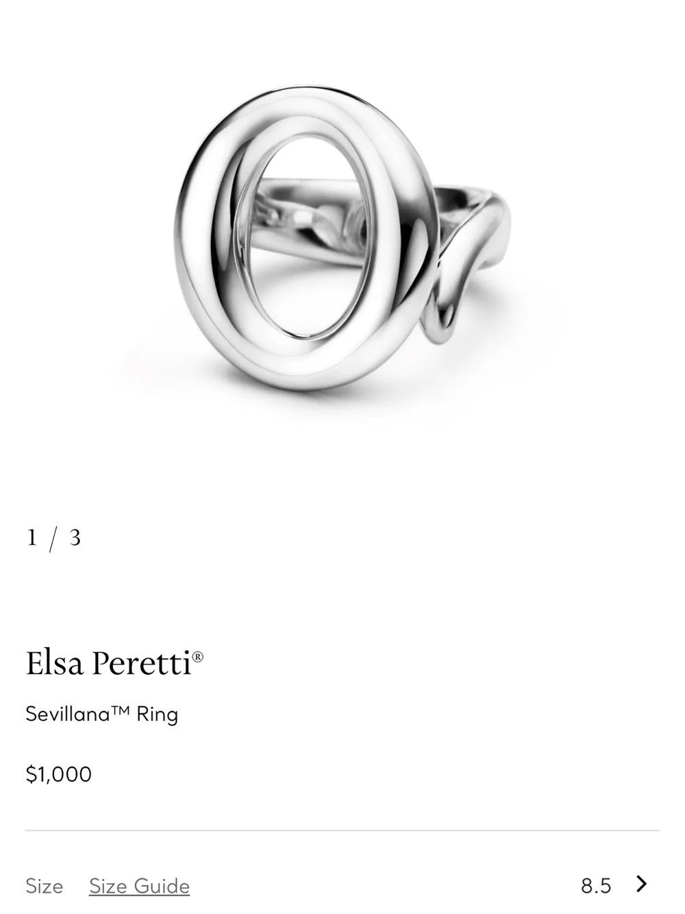 Authentic Tiffany & Co. Elsa Peretti Sevillana ring in sterling silver